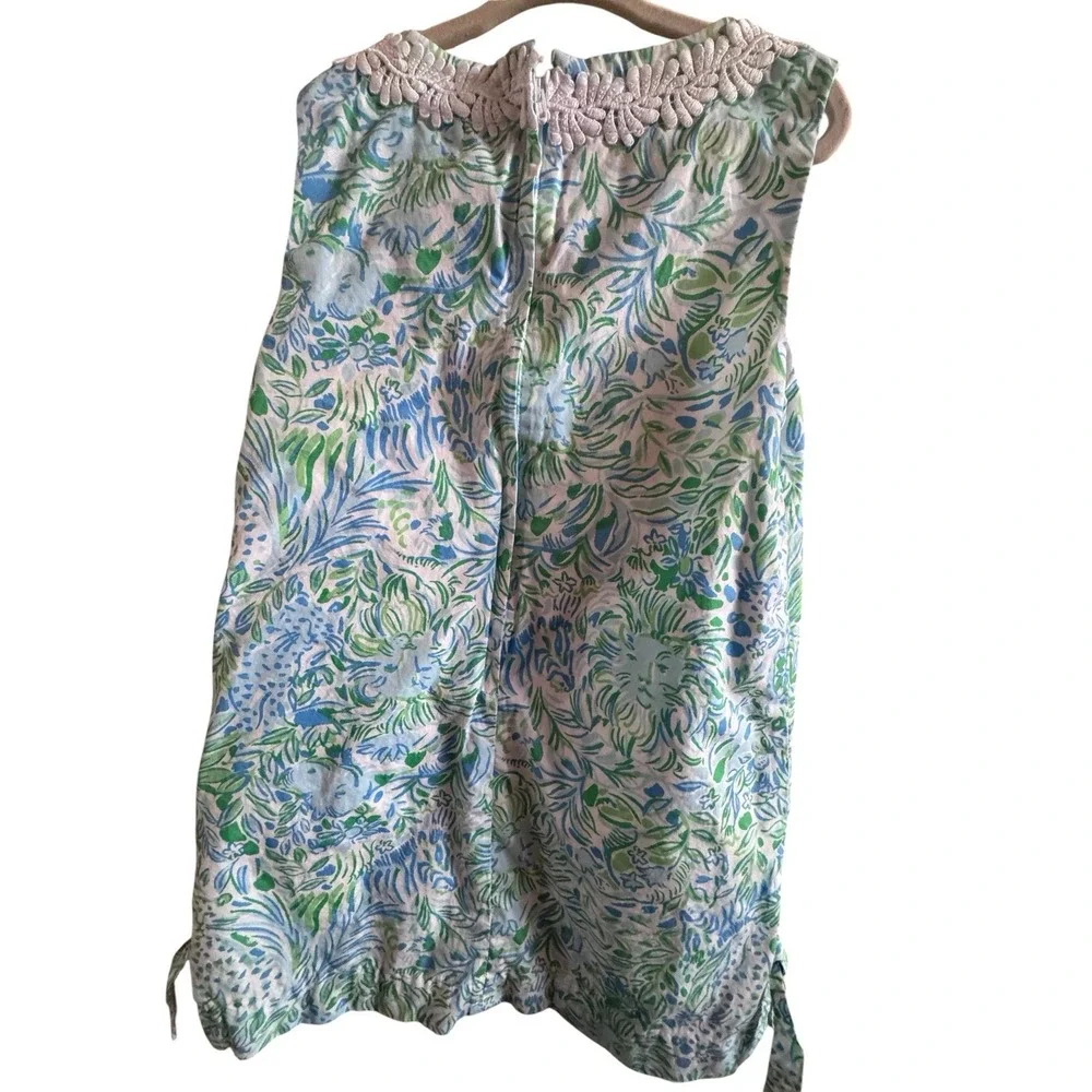 Lily Pulitzer Girl's Sz 7 Shift Dress Blue Green Shift Lace Trim NecklinePockets